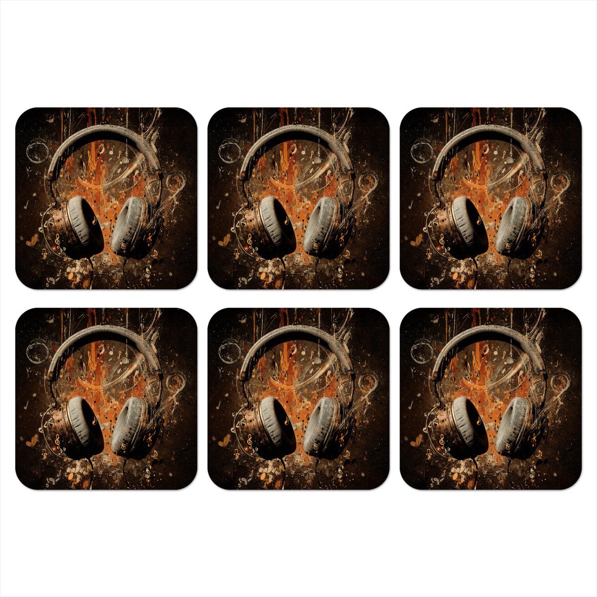 Onderzetters voor glazen - Koptelefoon - Bruin - Dynamische penseelstreken - 10x10 cm - Glasonderzetters - 6 stuks