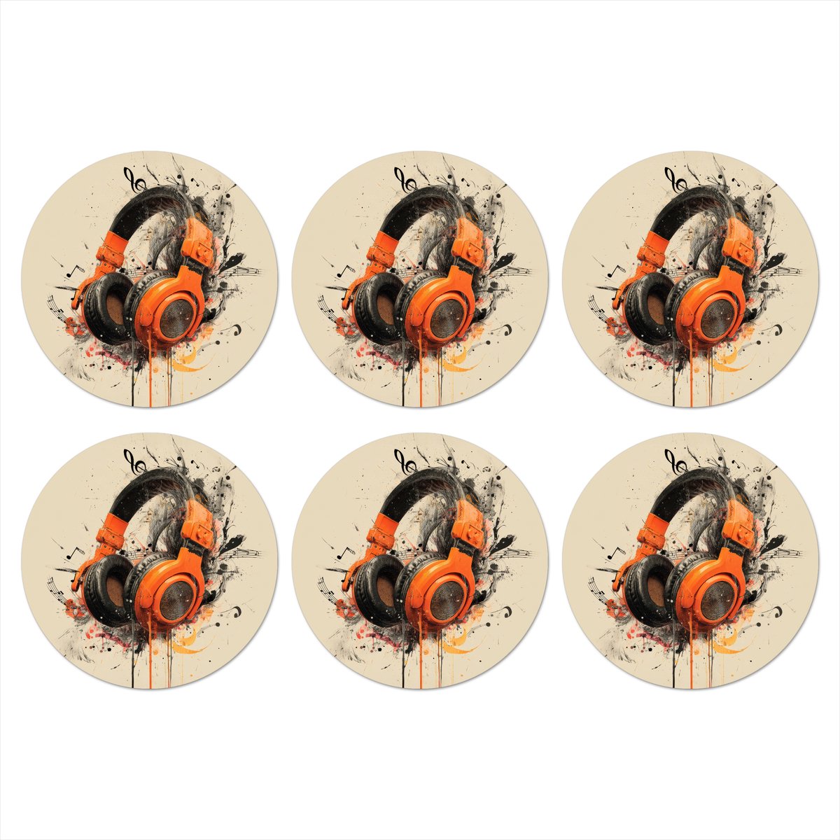 Onderzetters voor glazen - Rond - Koptelefoon - Oranje - Explosief - 10x10 cm - Glasonderzetters - 6 stuks