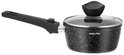 Petite casserole noire antiadhésive avec couvercle en verre.
