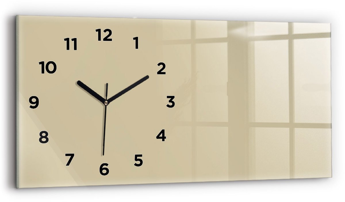 Wallfluent Wandklok - Beige Rechthoekige Glazen Wandklok - 60 cm x 30 cm - Beige Wandklok - Zwarte Handen - Wandklok Met Cijfers - Wandklok voor in de Keuken - Glazen Klok Rechthoekige - Minimalistisch Wandklok - Rechthoekige Glas Klok