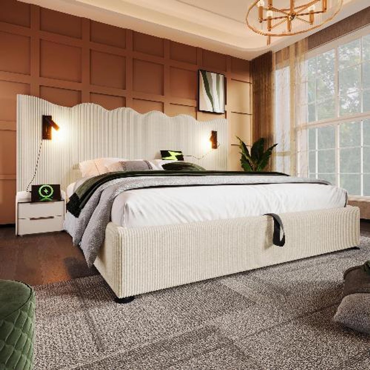 KOMHTOM BLACK COLORS Bed 180×200 cm met opbergruimte Gestoffeerd tweepersoonsbed met leeslamp en USB Type-C Corduroy Beige-Wit