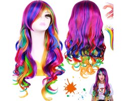 Pruik met paarse gradiƫnt, pruik voor dames met echt krullend haar, pruik met carnavalsregenboog, krullende carnavalspruik, verstelbaar ontwerp, 28 inch/70 cm, geschikt voor dagelijks gebruik, cosplay, Halloween