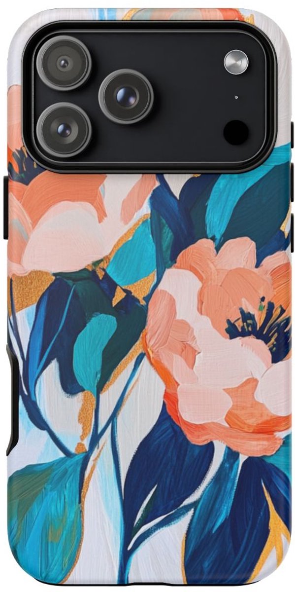 Abstracte Perzikroze en Blauwe Bloemen – Telefoonhoesje Geschikt voor iPhone 17 Pro Max