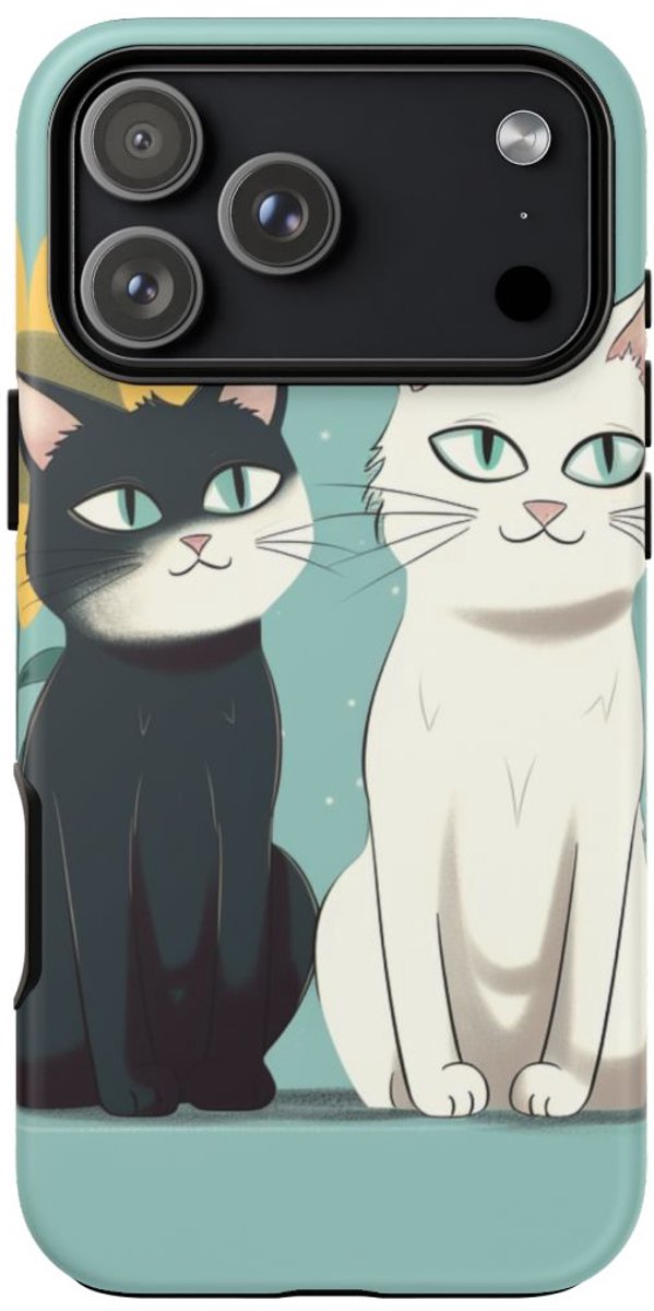 Twee Cartoonkatten met Zonnebloem – Telefoonhoesje Geschikt voor iPhone 17 Pro Max