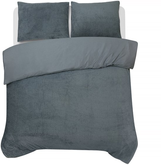 Housse de couette DoubleDry Teddy Fleece - Double 200 x 220 cm + 2 Taies d'oreiller - Douce et agréable au toucher - Anthracite
