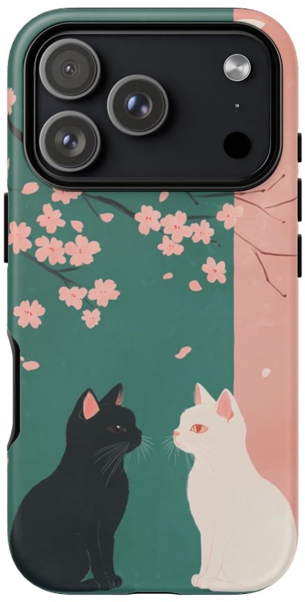 Zwarte en witte katten met sakurabloesem – Telefoonhoesje Geschikt voor iPhone 17 Pro