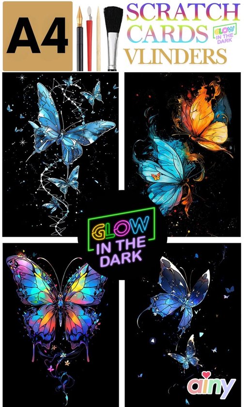 Ainy - Glow in the Dark Scratch Art Vlinders (A4) | 4 krastekeningen incl kraspen | Kras tekeningen | Schilderen op kleuren kunst kraskaart | hobby & creatief voor volwassenen en kinderen ( meisjes ) | Knutselen - DIY ontspanningspakket