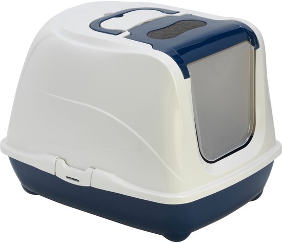 Witte en donkerblauwe gesloten kattenbak met een transparante deur.