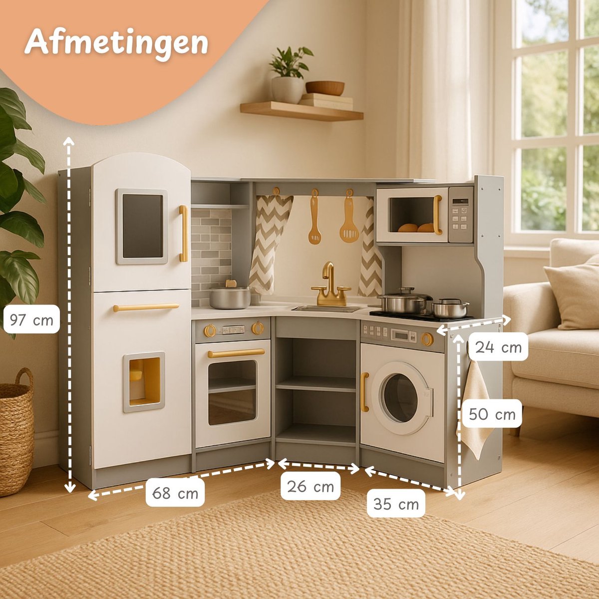 Maxx kidz - Houten Speelgoed Keuken Met Hoek - Complete Speelkeuken - Grijs Keukentje - Stevige Kinderkeuken met Accessoires - Speelgoedkeuken met Licht, Geluid en Pannetjes — afbeelding 6