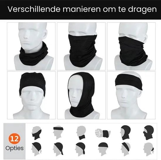 Zes manieren om een zwarte nekwarmer te dragen, waaronder als colsjaal, hoofdband en bivakmuts. Zwarte nekwarmer op witte paspoppen.