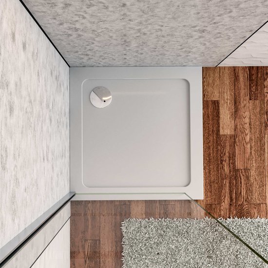 Receveur de douche blanc carré 90x90cm (épaisseur 3cm seulement), fabriqué en pierre artificielle et résine minérale. Design extra-plat avec grille d'évacuation et siphon disponibles en différentes tailles