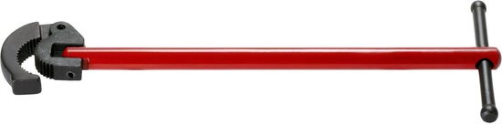 Rod of a wrench with a red handle and T-grip, and a black jaw.