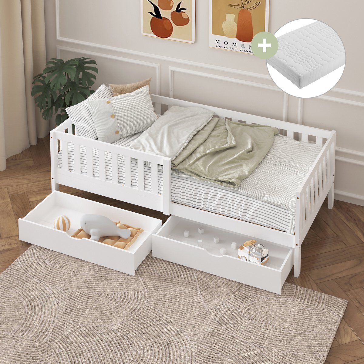 Sunny Isa Kinderbed – Met 2 Opberglades – Kajuitbed met Uitvalbeveiliging - 206 x 98 cm – Peuterbed Meisjes en Jongens – FSC 100% Hout – Met Lattenbodem - Inclusief Matras – Wit