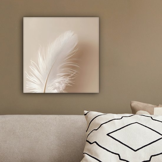 Canvas schilderij 20x20 cm - Wanddecoratie Veer - Minimalistisch - Roze - Muurdecoratie woonkamer - Slaapkamer decoratie - Kamer accessoires - Schilderijen op canvas