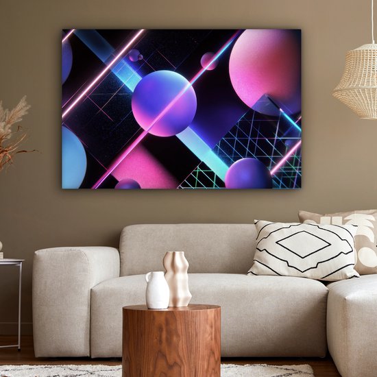 Canvas schilderij 120x80 cm - Wanddecoratie Bollen - Neon - Lijnen - Roze - Muurdecoratie woonkamer - Slaapkamer decoratie - Kamer accessoires - Schilderijen op canvas