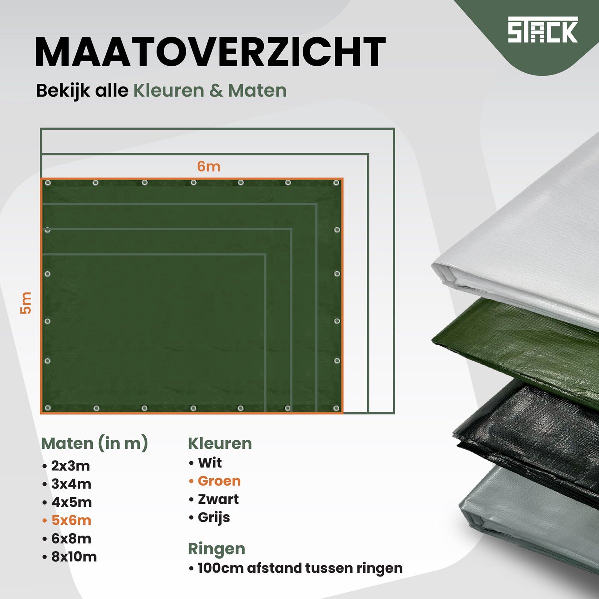 STACK® Extra Sterk Afdekzeil - 5x6m - Donker Groen - 150G/M2 - Waterdicht Bouwzeil & Zeildoek - Zeil Met Ringen - Beschermhoes & Afdekhoes voor Zwembad,Tuin Set,Motor,Scooter,Fietsen,Aanhangwagen,Scootmobiel,BBQ accesoires - Auto Hoes Bescherming — afbeelding 6