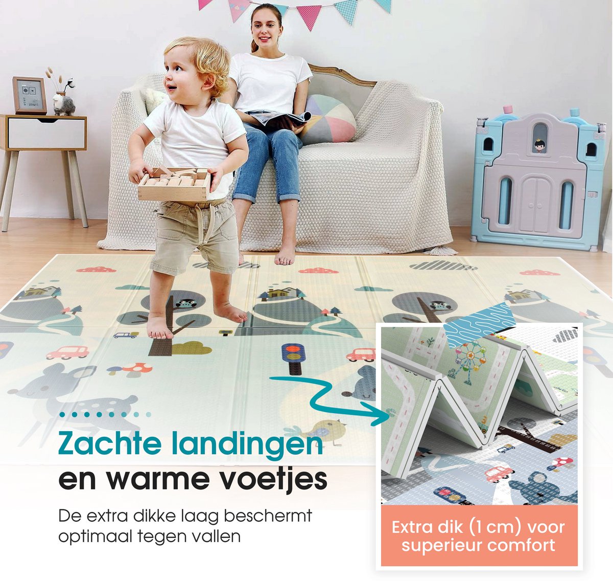 Speelmat – Speelkleed - Babygym Kinderen – Zachte Kruipmat met autowegen en dieren – Boxkleed - Speelmat foam - Baby - Opvouwbaar - 150x200 cm - Babyshower - Inclusief opbergtas — afbeelding 2