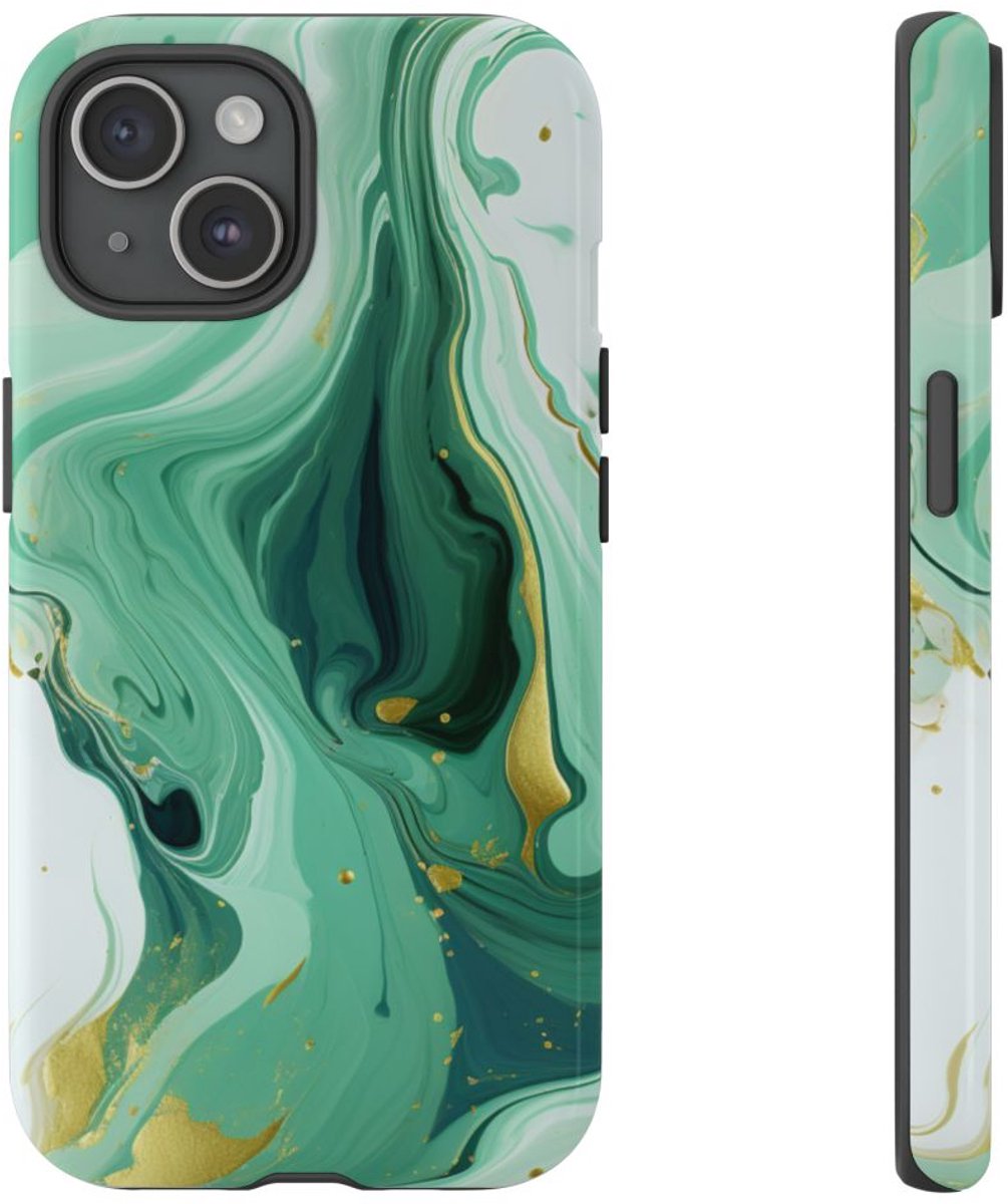 Groen-Gouden Marmerwerveling – Telefoonhoesje Geschikt voor iPhone 15