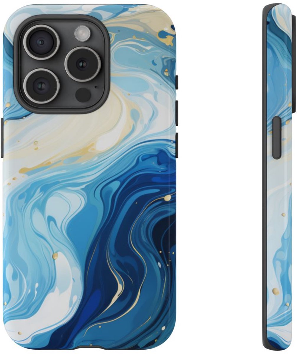 Blauw-Witte Marmer Abstract – Telefoonhoesje Geschikt voor iPhone 15 Pro