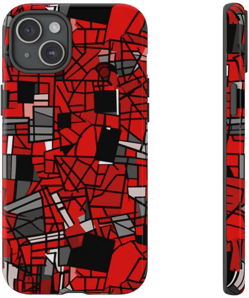 Abstract Rood-Zwart Geometrisch Patroon – Telefoonhoesje Geschikt voor iPhone 15 Plus