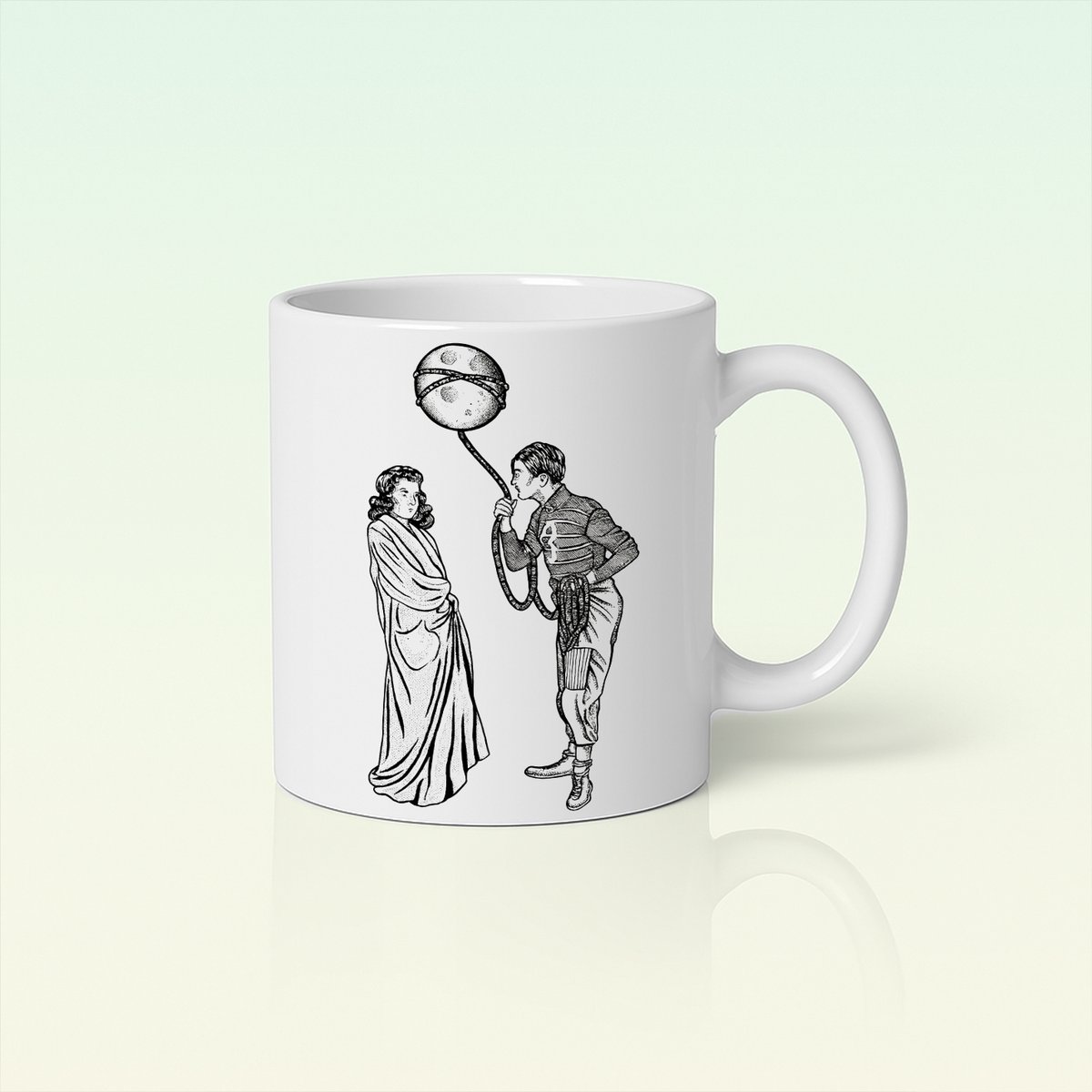 Vintage Astronaut en Maan Kunst Mok 330ml – Uniek Retro Ruimte Ontwerp Koffiebeker