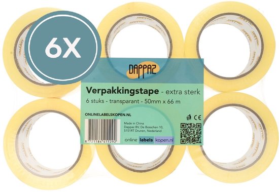 Dappaz Verpakkingstape Transparant - OPP Plakband 50mm x 66m - 6 rollen Dozen Tape Extra Sterk met Hoge Kleefkracht - Dikte 65 µm