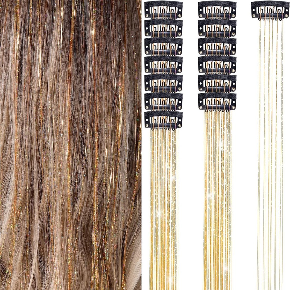 12 Stuks Glitter Haarstrengen Tinsel Haarextensions - Gouden Clip-In Verlengingen - 50 cm