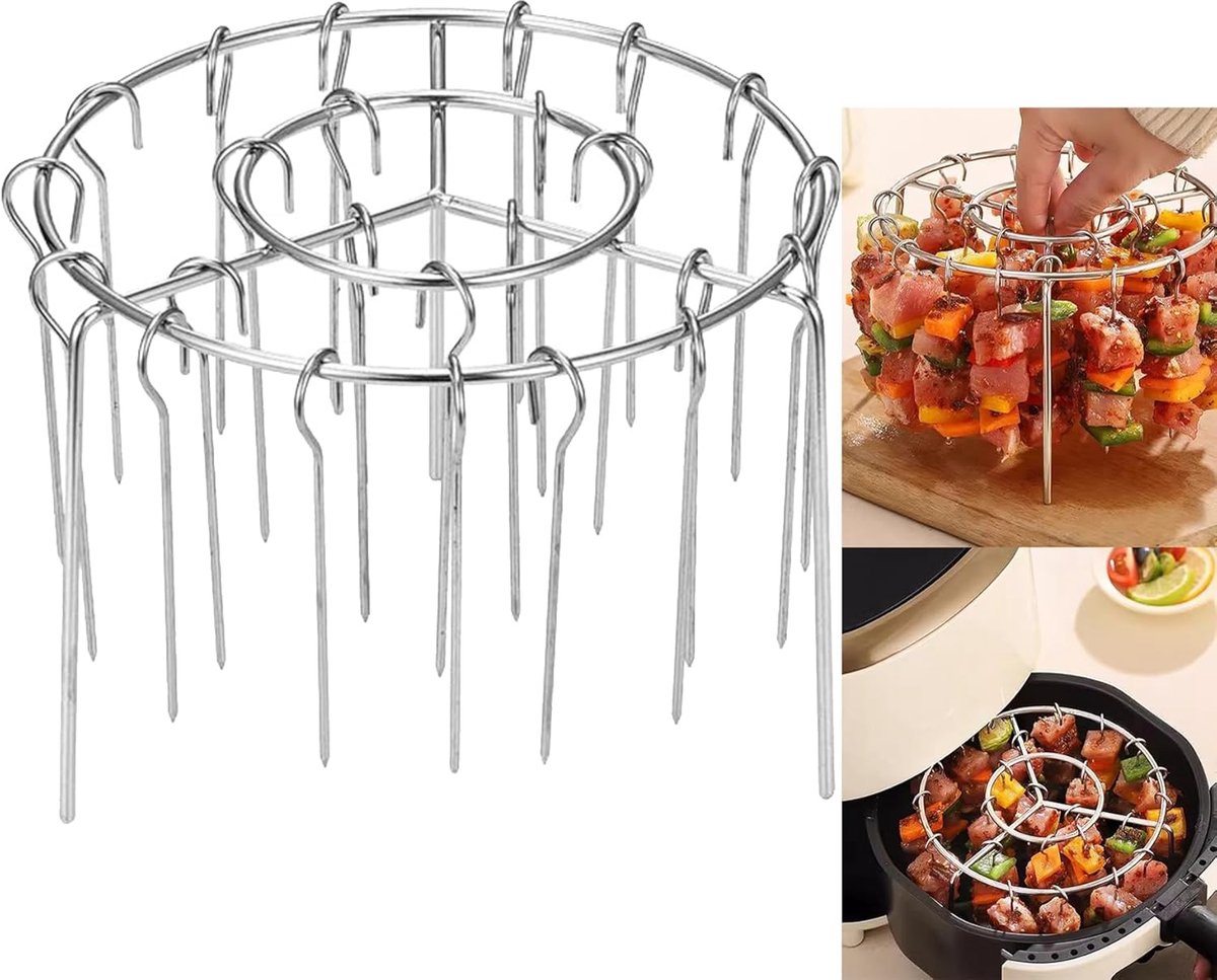 Nieuw 2025 Heteluchtfriteuse Grill Rek – RVS BBQ Spiesenhouder Set met 36 Verticale Vleesspiezen en Rond Ophangsysteem