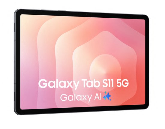 Samsung Galaxy Tab S11 5G met "Galaxy AI" tekst op scherm, op witte achtergrond.