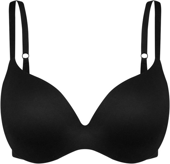 Zwarte push-up bh met verstelbare bandjes, op een witte achtergrond.