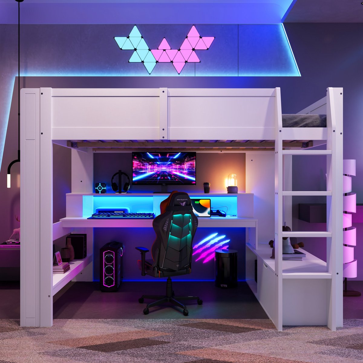 Sweiko Hoogslaper - 140 x 200 cm - met Bureau - LED verlichting - Lade - Wit