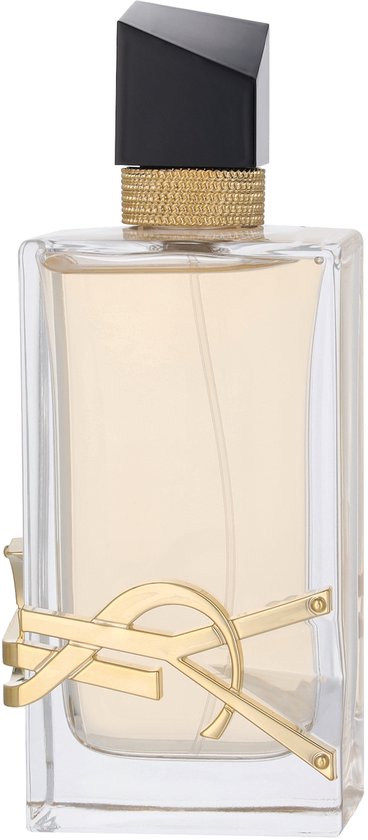 Rechthoekig glazen parfumflesje met gouden YSL-logo, gouden dop met textuur en zwarte dop.