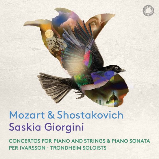 Een gekleurde vogel met de gezichten van mensen en beelden van een vlinder, maan en stad die erin zijn verwerkt. Titel: Mozart & Shostakovich Saskia Giorgini.