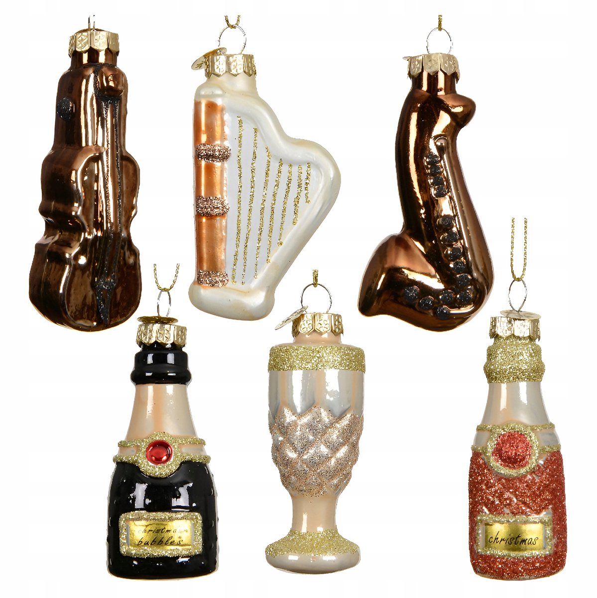 Glazen Kerstballen Mix: Instrumenten & Drankjes (6 stuks, 7.5 cm)
