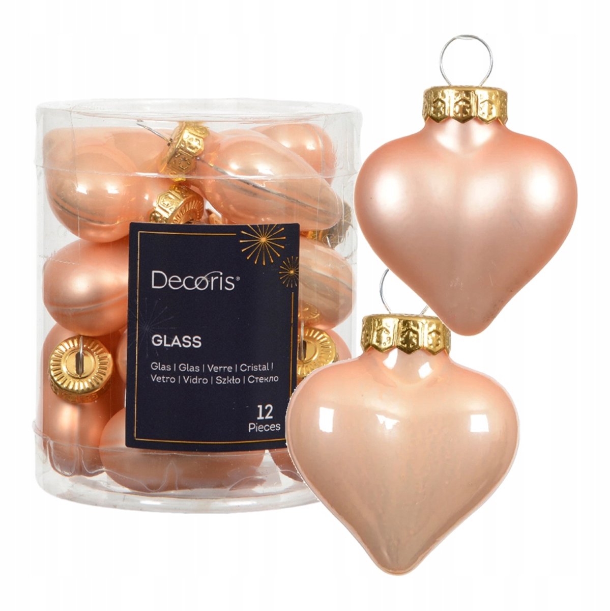 Glazen Kerstballen Hartjes Perzik 12st - Mat & Glanzend