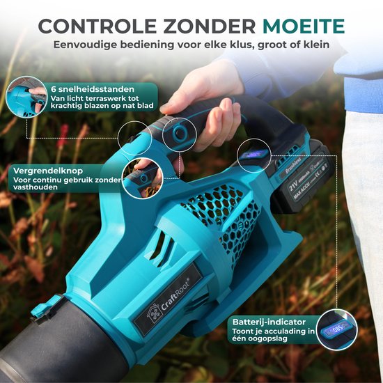 CraftRoot Accu Bladblazer - Draadloze Elektrische Bladblazer met 2x 4.0Ah Accu - Krachtig en Compact - 200km/h - 21.000 RPM van Merkloos	 — afbeelding 5