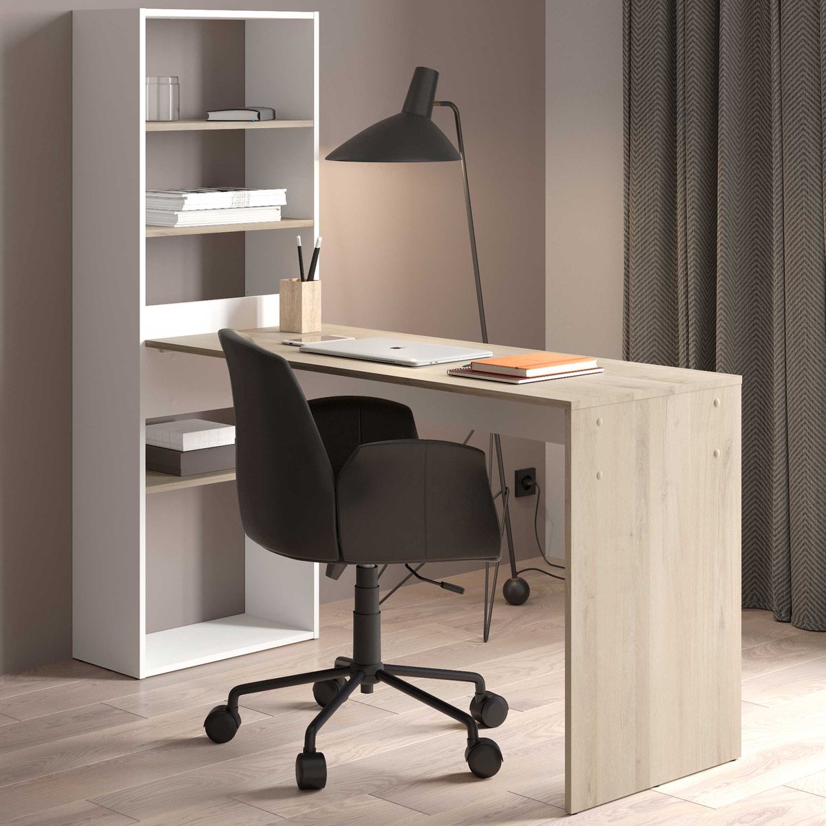 Bureau Azizam - 123x53x145cm - Met Boekenrek - Wit/eikdecor - CBA - Bureau - Wit; Bruin - Melamine; Spaanplaat