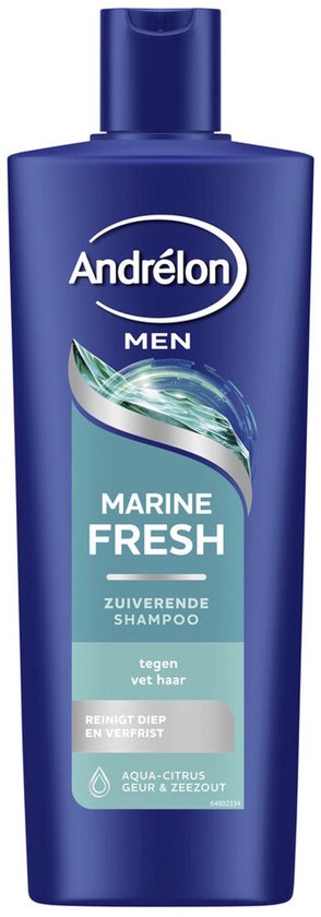 André lon MEN Marine Fresh zuiverende shampoo in donkerblauwe fles met tekst.