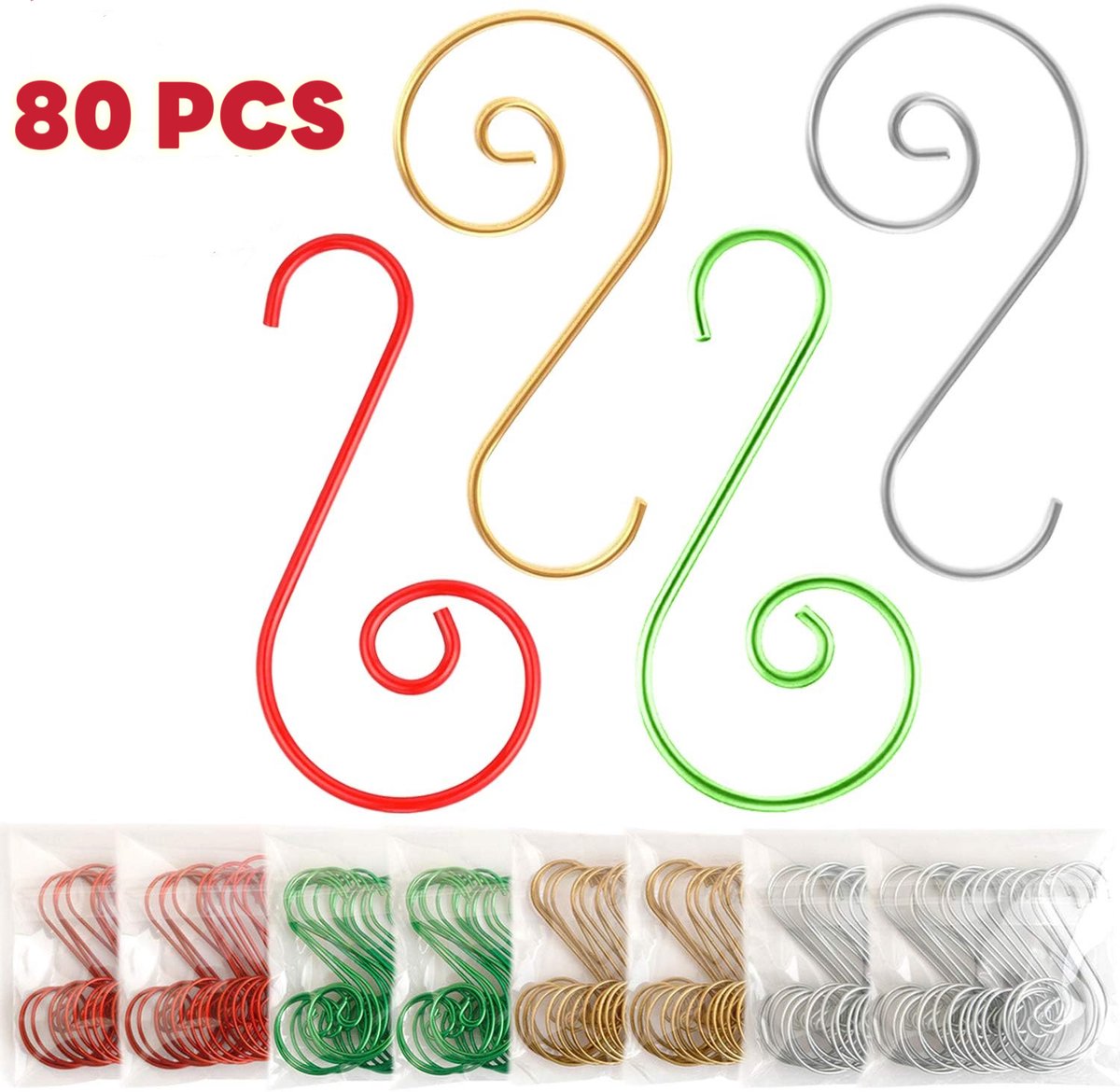 Haken - Kerstdecoratiehaken - Kerstboomdecoratiehangerhaken - voor kerstboomversiering - 4 kleuren - totaal 80 stuks Haken - Kerstdecoratiehaken - Kerstboomdecoratiehangerhaken - voor kerstboomversiering - 4 kleuren - totaal 80 stuks - Image 1