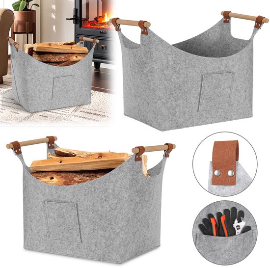 Grijze vilten mand met houten handvatten, gevuld met houtblokken. Detail van handvat en voorvak met handschoenen.