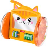 Oranje kat-speeltje met grote, transparante wielen en een spiegel.