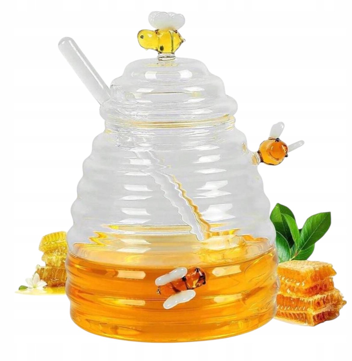 Glazen Honingpot 500ml met Lepel - Bijen Design