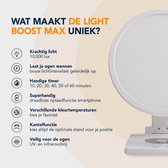 Slowwave Light Boost Max daglichtlamp - Lichttherapielamp met 10.000 lux - Bouw lichtintensiteit geleidelijk op - Verschillende kleurtemperaturen - Kantelfunctie