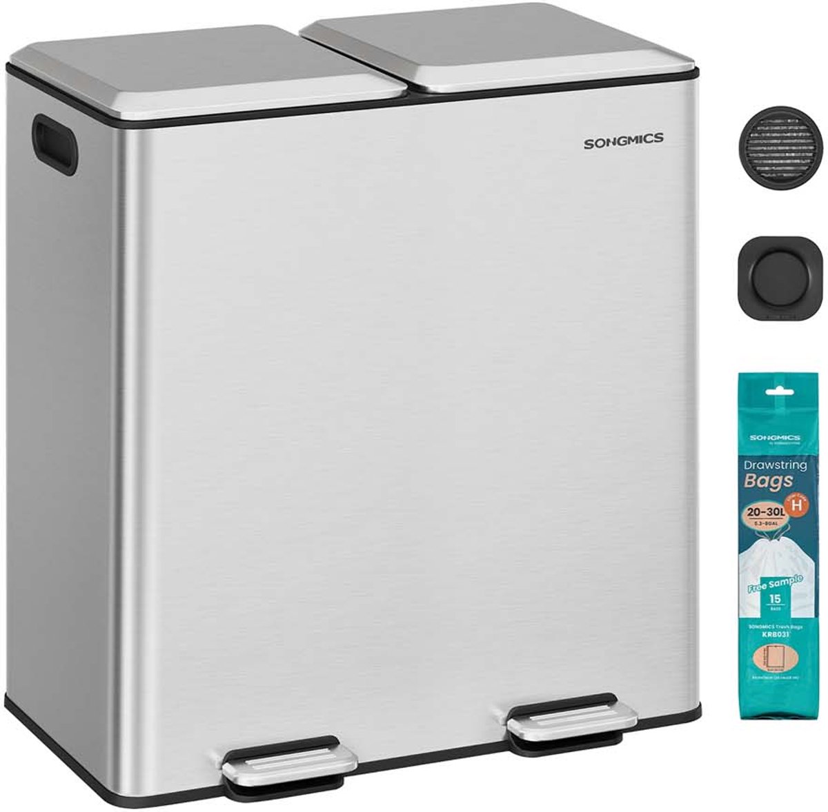 SONGMICS - Keukenafvalemmer - pedaalemmer - 60 liter - (2 x 30 liter) - 2 vakken - afvalscheiding - softclose - uitneembare binnenemmer - roestvrij staal - metallic zilver