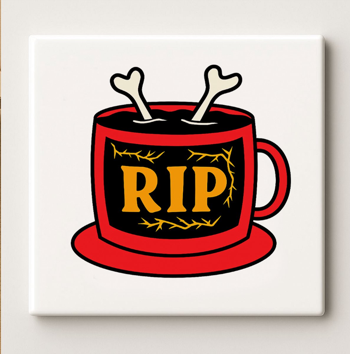 “RIP” Griezelige Beker Tegel – Grappige Skelet Koffiemok Keramische Tegel 15×15 cm voor Ha