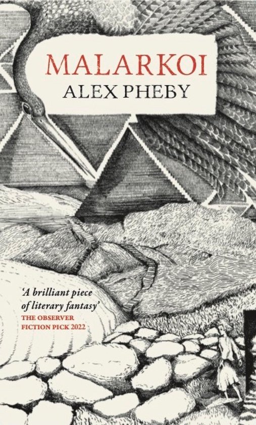 Boekcover van "Malarkoi" door Alex Pheby, met een kraanvogel en een stenen muur.