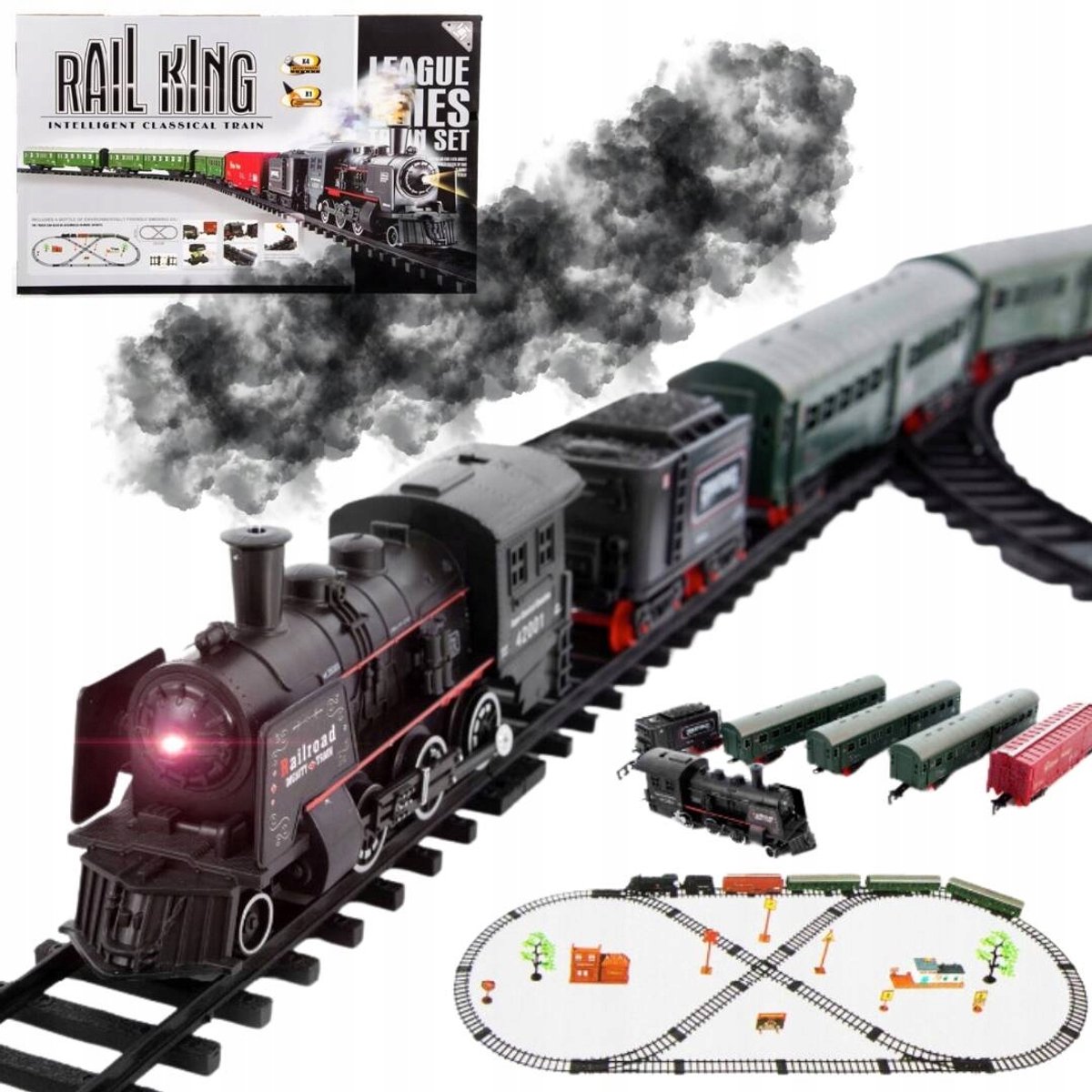 Rail King Elektrische Stoomtrein met Rook & Licht, 7m Spoor