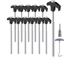 Grondankers - Speed 12PCS staaltentpalen met boor & spijker trekker, 20 cm campingvastzettingen, Tenthaakken voor harde oppervlakte, gras - Zwart + Zilver