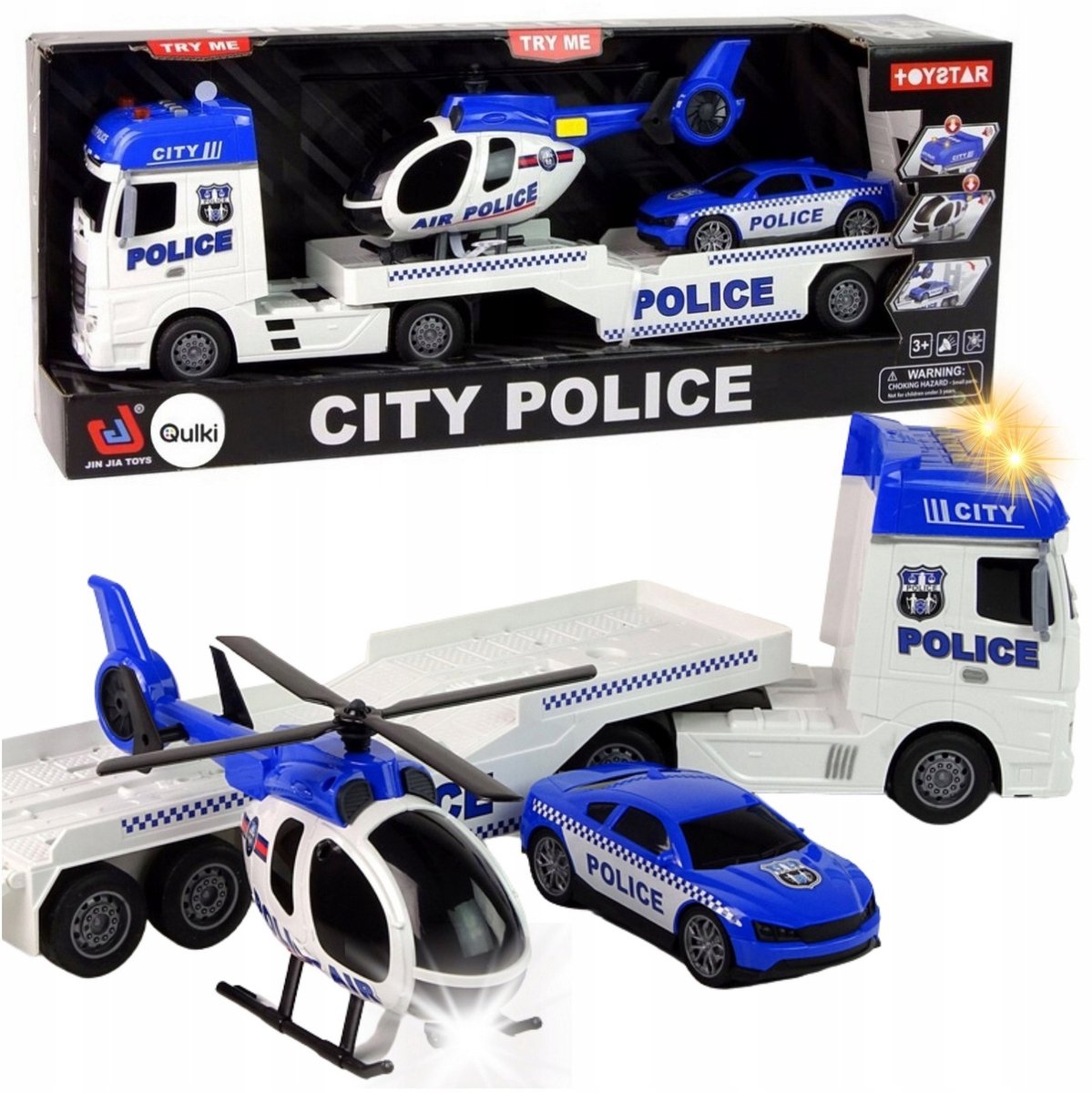Politiewagen Set: Vrachtwagen, Helikopter & Auto met Geluid & Licht