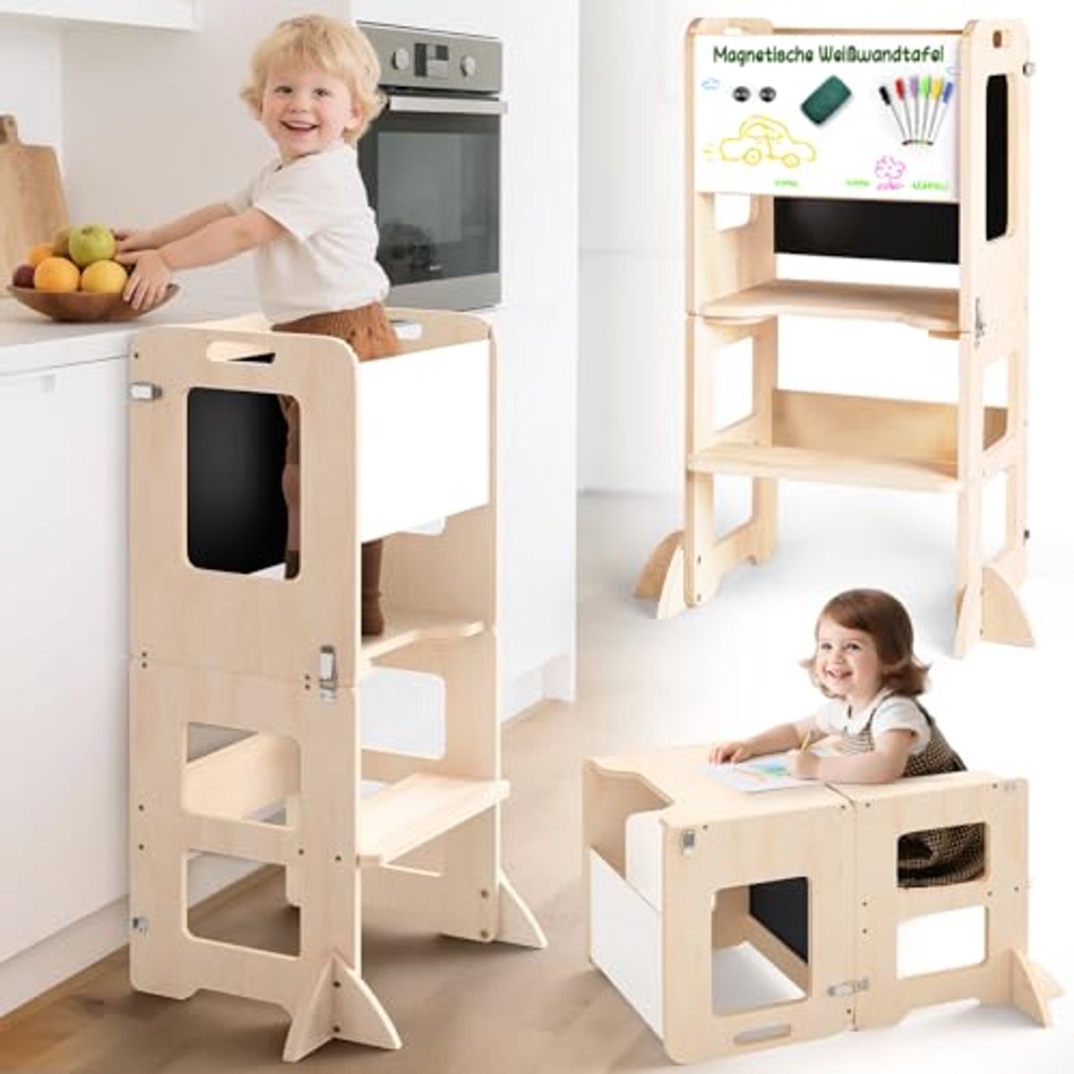 Image of 4-in-1 Leertoren Met Schoolbord en Whiteboard voor Kinderen van 1-3 Jaar – Inklapbare Leertoren